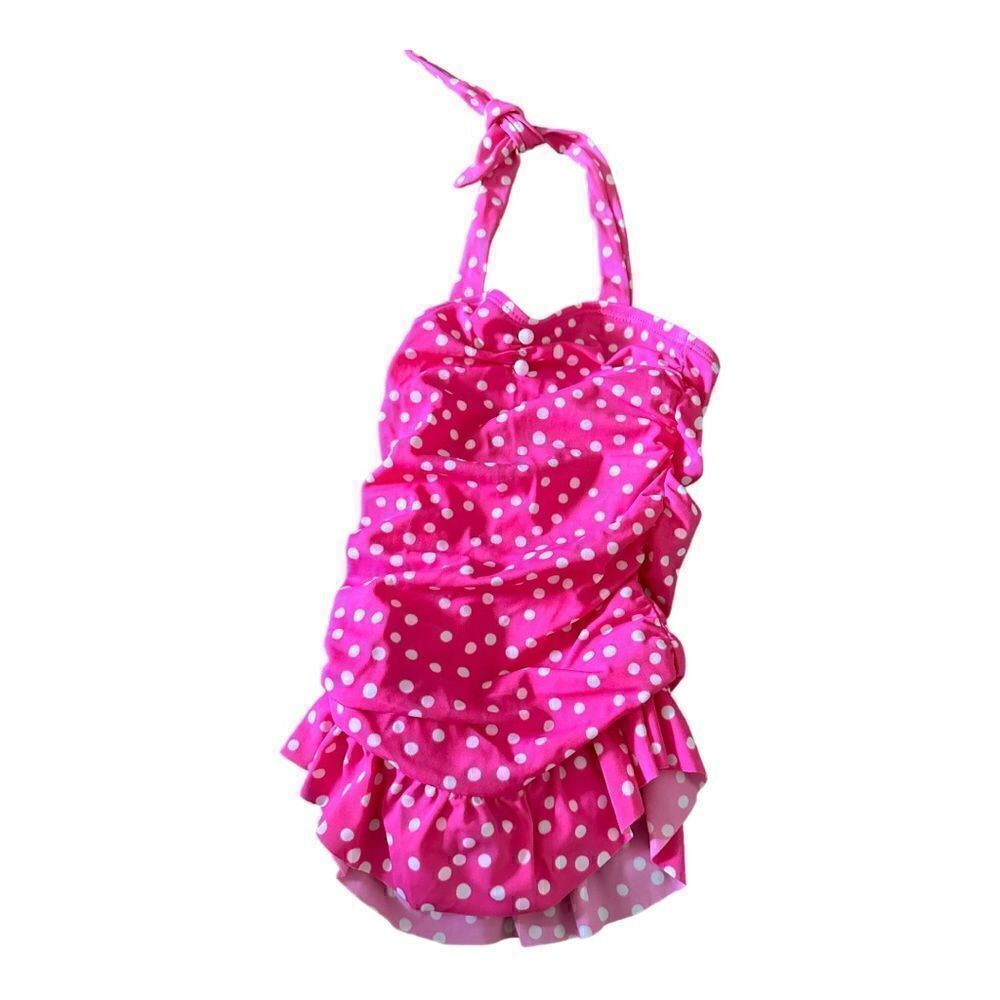 Janie and Jack | Girls Pink Polka Dot Ruffle One Piece Halter Swim Suit |12-18mo